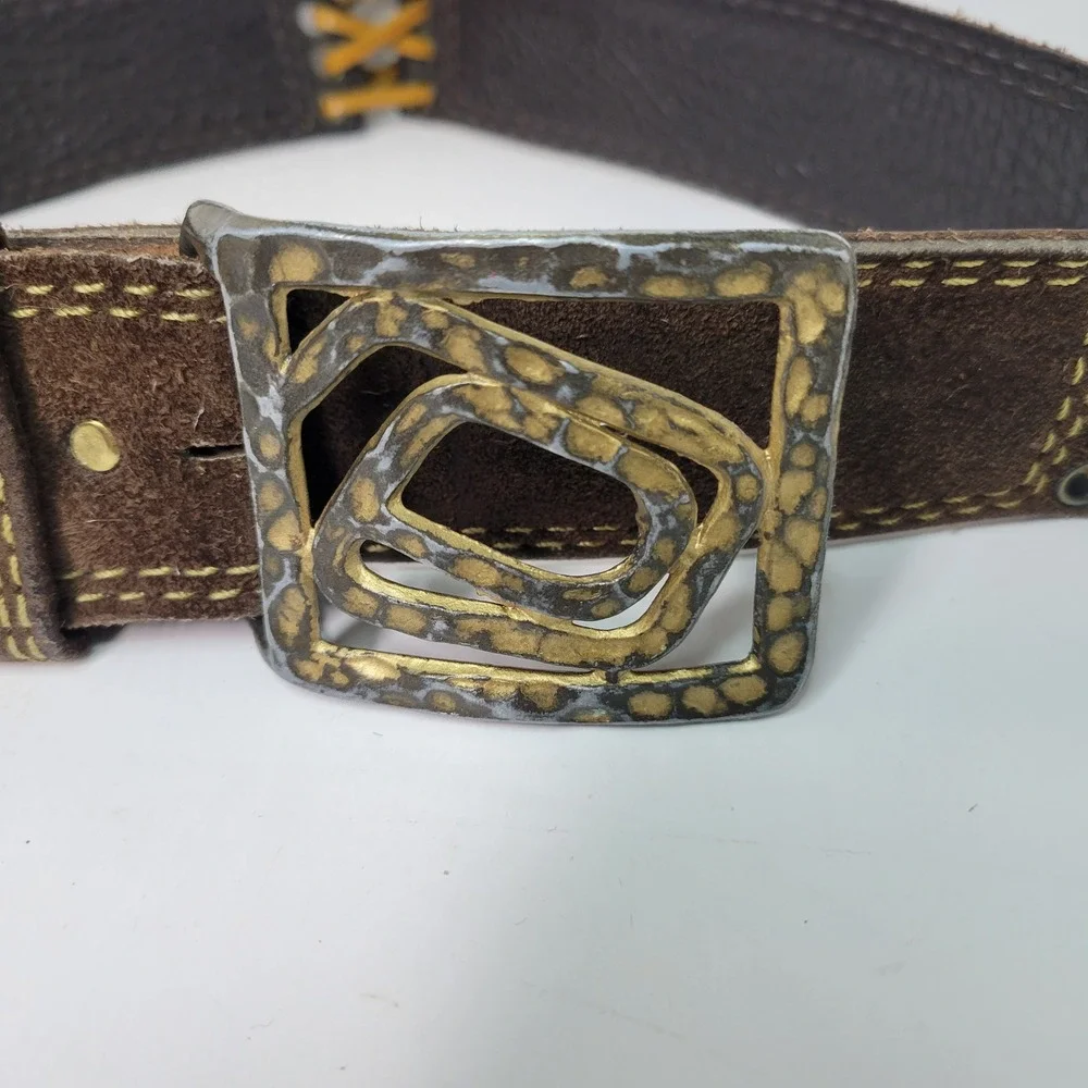 Vera Brown Suede Leather Belt Statement Buckle Boho‎ Western Size M